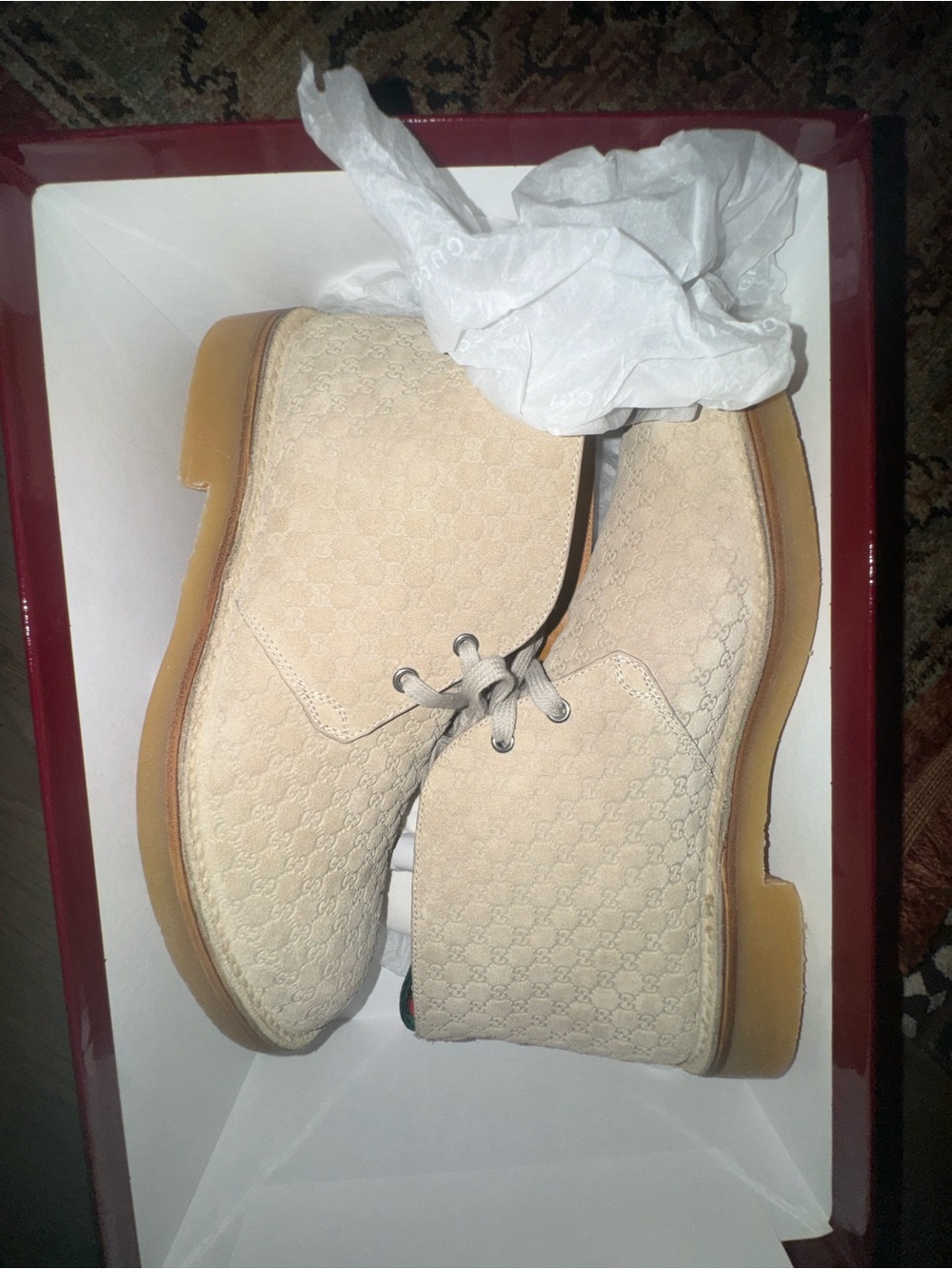 Gucci Beige Suede Monogram Chukka Boots with Web Tab